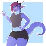  2019 5_fingers anthro blush breasts clothing curvy_figure dragon female fingers hair hi_res horn looking_at_viewer scalie simple_background slashner smile solo teeth thick_thighs tongue tongue_out wide_hips 