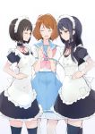  3girls alternate_costume apron bana_(stand_flower) black_hair black_legwear brown_hair choker enmaided frilled_apron frilled_choker frills hibike!_euphonium highres hisaishi_kanade kitauji_high_school_uniform kousaka_reina long_hair maid maid_apron maid_headdress multiple_girls neckerchief open_mouth oumae_kumiko over-kneehighs puffy_short_sleeves puffy_sleeves purple_eyes red_neckwear red_ribbon ribbon school_uniform serafuku short_hair short_sleeves skirt smile thighhighs white_apron white_background 