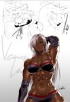  1girl abs bowalia breasts character_name choker dark_skin elbow_gloves gloves gradient gradient_background green_eyes large_breasts long_hair muscle muscular_female navel red_lips signature sketch sports_bikini vanessa_lewis virtua_fighter white_hair 