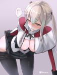  1girl arm_support black_gloves black_skirt blonde_hair blue_eyes blush breasts capelet cleavage embarrassed gloves graf_zeppelin_(kantai_collection) grey_background highres kantai_collection large_breasts leaning_forward long_hair long_sleeves looking_back nose_blush open_clothes open_mouth open_shirt pantyhose pantyhose_pull pleated_skirt sidelocks simple_background skirt skirt_lift solo takase_muu twintails twitter_username 