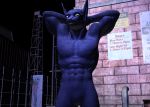  3d_(artwork) 3d_background abs biceps blue_eyes canid canine canis detailed_background digital_media_(artwork) english_text featureless_chest featureless_crotch fur hand_on_head jackal looking_at_viewer male mammal marlon94 muscular night nude pinup pose purple_body purple_fur solo text 