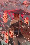  1boy absurdres awanqi bandaged_arm bandages blood braid branch feet_out_of_frame flower gintama highres holding kamui_(gintama) lantern long_hair looking_at_viewer parasol ponytail red_hair red_sun smile solo spring_(season) umbrella 