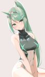  1girl bangs blush breasts gem green_eyes green_hair hair_ornament headpiece jewelry large_breasts long_hair looking_at_viewer medium_breasts one-piece_swimsuit pneuma_(xenoblade_2) ponytail sitting skeptycally smile solo source_request spoilers swept_bangs swimsuit tiara xenoblade_(series) xenoblade_2 