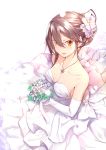  1girl alternate_hairstyle bare_shoulders blush bouquet breasts bridal_gauntlets chrysanthemum cleavage collarbone dress earrings elbow_gloves flower from_above gloves grey_hair hair_ornament hairclip haruna_(kantai_collection) highres jewelry kantai_collection kyougoku_touya looking_at_viewer medium_breasts parted_lips sidelocks smile solo strapless strapless_dress tied_hair wedding_dress white_dress white_gloves 