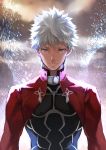  1boy 55level archer brown_sky closed_mouth cloud cloudy_sky dark_skin dark_skinned_male emiya_shirou fate/stay_night fate_(series) highres male_focus outdoors purple_eyes sky smile solo torn_clothes upper_body white_hair 