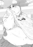 anthro belly bodily_fluids bovid bovine cattle clothed clothing clothing_lift fur greyscale horn japanese_text male mammal monochrome moobs nameko_no_neko navel nipples overweight overweight_male shirt shirt_lift solo spots spotted_body spotted_fur sweat text topwear 