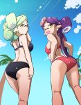  2girls aori_(splatoon) ass back bikini black_bikini blue_sky brown_eyes cloud cloudy_sky commentary contrail_k day domino_mask earrings from_behind grey_hair hand_in_hair hands_on_hips highres hotaru_(splatoon) jewelry kneepits long_hair looking_at_viewer looking_back mask medium_hair multiple_girls open_mouth outdoors palm_tree parted_lips pointy_ears purple_hair red_bikini sky smile splatoon_(series) standing swimsuit toraneko555 tree very_long_hair yellow_eyes 