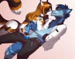  2019 5_fingers anthro ariannafray_pr blue_body blue_fur bra breast_grab breasts brown_hair canid canine canis clothed clothing domestic_cat domestic_dog eyebrows eyelashes eyewear felid feline felis female fingers fur glasses hair hand_on_breast male mammal penis underwear 