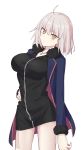  1girl ahoge bangs black_dress breasts coat dress elfenlied22 eyebrows_visible_through_hair fate/grand_order fate_(series) frown fur-trimmed_coat fur-trimmed_sleeves fur_trim highres jeanne_d&#039;arc_(alter)_(fate) jeanne_d&#039;arc_(fate)_(all) jewelry large_breasts necklace short_hair silver_hair tsurime white_background wicked_dragon_witch_ver._shinjuku_1999 yellow_eyes 