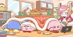 1girl 3boys blue_eyes blush_stickers bonziri_1658 book clock commentary cup day face_down food fruit hands_on_hips heater indoors kettle kirby kirby_(series) kotatsu looking_at_another magolor mandarin_orange marx multiple_boys nintendo_switch on_floor open_book pink_hair plant potted_plant sleeping sleepy snow snowing standing susie_(kirby) symbol_commentary table under_kotatsu under_table wall_clock window yunomi 