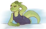  arbuzbudesh breasts clothing female green_body green_scales kobold one-piece_swimsuit one_eye_closed scales scalie small_breasts solo swimwear wet wiping_forehead 