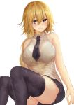  1girl absurdres bare_shoulders black_legwear black_neckwear blonde_hair blush breasts closed_mouth commentary_request fate/apocrypha fate_(series) highres hoshibudou jeanne_d&#039;arc_(fate)_(all) large_breasts long_braid long_hair looking_at_viewer purple_eyes see-through solo thighhighs 