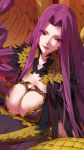  1girl breasts bustier claws cleavage_cutout fate/grand_order fate_(series) from_above gorgon_(fate) highres large_breasts long_hair looking_at_viewer monster_girl purple_hair scales slit_pupils snake very_long_hair wings yang-do 