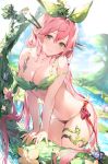  1girl bangs bare_shoulders bikini blue_sky blush breasts brown_eyes bug butterfly cleavage collarbone flower granblue_fantasy green_bikini_top hair_between_eyes highres insect lake large_breasts leaf leaf_bikini leaf_on_head long_hair looking_at_viewer low_twintails monster_girl navel pink_hair plant_girl pointy_ears red_bikini_bottom sky smile solo swimsuit thighhighs tree twintails umibouzu_(niito) very_long_hair wading water yggdrasil_(granblue_fantasy) 