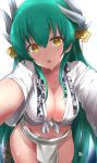  1girl blush breasts cleavage collarbone eyebrows_visible_through_hair fate/grand_order fate_(series) fundoshi green_hair hair_between_eyes highres horns japanese_clothes kiyohime_(fate/grand_order) looking_at_viewer medium_breasts open_mouth rope shimenawa simple_background solo tango_(tn500) thighhighs white_background white_legwear yellow_eyes 