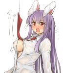  1girl animal_ears bangs blouse blush breasts bunny_ears buttons cleavage collared_blouse commentary embarrassed fishing_hook fishing_line large_breasts long_hair long_sleeves md5_mismatch necktie nipples open_mouth purple_hair raised_eyebrows red_eyes red_neckwear reisen_udongein_inaba see-through solo sweat tori_(minamopa) touhou very_long_hair wavy_mouth wet white_blouse 