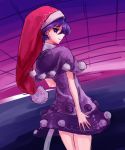  1girl absurdres bangs bright_pupils capelet cowboy_shot doremy_sweet dress hat highres legs_together nightcap nob1109 pom_pom_(clothes) purple_eyes purple_hair red_headwear short_hair sideways_mouth smile solo tail tapir_tail touhou white_pupils 