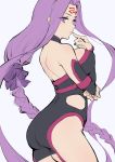  1girl ass back bangs bare_shoulders black_dress blush braid breasts detached_sleeves dress facial_mark fate/stay_night fate_(series) forehead forehead_mark hair_intakes hair_ribbon haoni highres index_finger_raised large_breasts long_hair looking_at_viewer parted_bangs parted_lips purple_eyes purple_hair purple_ribbon ribbon rider short_dress sidelocks simple_background single_braid solo very_long_hair white_background 