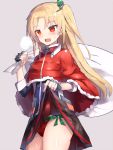  1girl :d azur_lane bangs black_gloves blonde_hair blush breath cleveland_(azur_lane) commentary_request cowboy_shot dress dress_lift eyebrows_visible_through_hair fang fingerless_gloves gloves grey_background heavy_breathing highres lifted_by_self long_hair one_side_up open_mouth panties red_eyes red_panties santa_costume side-tie_panties simple_background smile solo standing sweatdrop underwear xenonstriker 