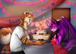  absurd_res birthday cake canid canine clothed clothing duo felid female food fox fujiokaaika hi_res horn male mammal pantherine surprise tiger wings 