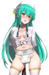  1girl arms_behind_back blush breasts cleavage eyebrows_visible_through_hair fate/grand_order fate_(series) fundoshi green_hair highres horns japanese_clothes kiyohime_(fate/grand_order) looking_at_viewer medium_breasts midriff navel open_mouth rope shimenawa simple_background solo tango_(tn500) thighhighs white_background white_legwear yellow_eyes 