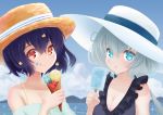  2girls absurdres artist_request black_hair blue_eyes blue_sky breasts cleavage commentary_request flower food grey_hair hair_between_eyes hair_flower hair_ornament hat highres ice_cream konno_junko large_breasts large_hat licking_lips long_hair looking_at_viewer low_twintails mizuno_ai mountainous_horizon multiple_girls ocean popsicle red_eyes short_hair sky sleeveless straw_hat tongue tongue_out twintails upper_body zombie_land_saga 