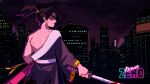  1boy back_turned bare_shoulders black_eyes black_hair blood blood_on_face bloody_clothes bloody_weapon city closed_mouth copyright_name english_commentary highres holding holding_sword holding_weapon japanese_clothes katana katana_zero kimono looking_at_viewer male_focus night official_art ponytail sheath solo sword tied_hair trading_card weapon whoisnassstya zero_(katana_zero) 