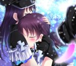  2girls black_gloves black_headwear blush closed_eyes crying eyebrows_visible_through_hair feathers fingerless_gloves gloves hands_on_another&#039;s_head hat highres hug kazuno_leah kazuno_sarah love_live! love_live!_sunshine!! multiple_girls peaked_cap purple_hair short_sleeves siblings sisters snowflakes tears twintails zero-theme 