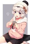 1girl alternate_costume animal_ears beanie black_hair blue_eyes blush brown_skirt californian_sea_otter_(kemono_friends) casual commentary_request eyebrows_visible_through_hair hat hood hood_down kemono_friends long_sleeves m0_03 multicolored_hair otter_ears otter_girl otter_tail pink_footwear pink_headwear pink_hoodie pleated_skirt seashell shell shoes short_hair sitting skirt sneakers solo tail wariza white_hair winter_clothes 