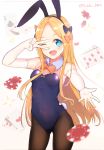  1girl abigail_williams_(fate/grand_order) absurdres animal_ears bangs bare_shoulders black_bow blonde_hair blue_eyes blue_leotard blush bow bowtie breasts brown_legwear bunny_ears bunny_tail bunnysuit card chunyineo covered_navel detached_collar elbow_gloves fate/grand_order fate_(series) forehead gloves highres leotard long_hair looking_at_viewer one_eye_closed open_mouth orange_bow outstretched_arm pantyhose parted_bangs playing_card poker_chip polka_dot polka_dot_bow simple_background small_breasts smile sparkle strapless strapless_leotard tail thighs v white_background white_gloves wrist_cuffs 