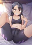  1girl bed bed_sheet black_hair breasts brown_eyes collarbone covered_nipples ear_clip earrings ghettoyouth grin highres ijiranaide_nagatoro-san jewelry long_hair looking_at_viewer lying nagatoro navel on_back on_bed pillow small_breasts smile solo sweat tan tank_top tanline watermark web_address 