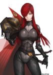  armor armor_removed black_bodysuit bodysuit boobplate breastplate breasts cape fate/grand_order fate_(series) hair_over_one_eye highres large_breasts looking_at_viewer oda_nobunaga_(fate)_(all) oda_nobunaga_(maou_avenger)_(fate) oda_uri popped_collar red_cape red_eyes red_hair tight_top unsfrau 