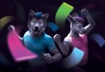  2019 5_fingers anthro black_nose blue_hair canid canine canis clothed clothing digital_media_(artwork) duo eyes_closed fingers glowstick goldendruid hair kangaroo macropod male mammal marsupial open_mouth poi rave smile teeth tongue wolf 