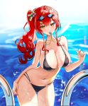  1girl absurdres azur_lane breasts collarbone doyoom goggles goggles_on_head highres huge_filesize large_breasts looking_at_viewer navel pool red_hair side_ponytail skindentation solo thigh_gap water wet whistle wide_hips yellow_eyes zara_(azur_lane) 