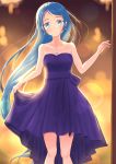  1girl alternate_costume aomi_one backlighting bangs bare_arms bare_shoulders blue_eyes blue_hair blurry blurry_background blush breasts collarbone commentary_request diffraction_spikes dress earrings eyebrows_visible_through_hair fingernails floating_hair highres jewelry kantai_collection long_hair looking_at_viewer necklace pink_nails purple_dress samidare_(kantai_collection) sidelocks skirt_hold sleeveless sleeveless_dress small_breasts smile solo strapless strapless_dress swept_bangs very_long_hair 