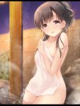  1girl akisaka_yamoka alternate_hairstyle bamboo_fence bathing blurry blurry_background brown_eyes brown_hair collarbone commentary_request covering covering_breasts depth_of_field fence hair_up idolmaster idolmaster_cinderella_girls kobayakawa_sae leaning_on_object letterboxed light_particles looking_at_viewer nude nude_cover onsen parted_lips partially_submerged solo steam symbol_commentary 