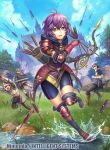  1girl 3boys armor arrow bernadetta_von_varley bike_shorts blue_sky bow_(weapon) castle cloud company_name copyright_name day fire_emblem fire_emblem:_three_houses fire_emblem_cipher fumi_(butakotai) gloves grass grey_eyes helmet holding holding_arrow holding_bow_(weapon) holding_sword holding_weapon multiple_boys official_art open_mouth outdoors purple_hair quiver rock short_hair sky solo_focus sword tearing_up tree water weapon 