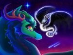  2019 cosmic_background detailed_background digital_media_(artwork) dragon fur furred_dragon green_hair hair membrane_(anatomy) membranous_wings night outside plaguedogs123 scales sky star starry_sky wings wyvern 