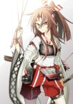  1girl akaneharu_ohkami arrow bangs bow_(weapon) brown_eyes brown_gloves brown_hair closed_mouth collarbone flight_deck gloves hachimaki hair_between_eyes hakama hakama_pants headband high_ponytail highres holding holding_arrow holding_bow_(weapon) holding_weapon japanese_clothes kantai_collection long_hair muneate partly_fingerless_gloves ponytail rigging single_glove solo weapon wide_sleeves yugake zuihou_(kantai_collection) 