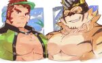  2boys akashi_(live_a_hero) animal_ears bara beige_fur bouncing_penis cropped_torso facial_hair furry furry_male goatee green_male_swimwear grin large_pectorals live_a_hero looking_at_viewer male_focus mask mikiya_(mine_miki0840) multiple_boys muscular muscular_male no_nipples orange_fur pectoral_cleavage pectoral_docking pectoral_press pectorals ryekie_(live_a_hero) scar scar_on_face scar_on_nose short_hair smile thick_eyebrows tiger_boy tiger_ears two-tone_fur 