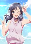  1girl ;d \m/ absurdres amano_hina_(tenki_no_ko) armpits bangs bare_shoulders black_choker black_hair blue_eyes blush choker day double_\m/ eyebrows_visible_through_hair gem hair_over_shoulder highres hood hoodie looking_at_viewer low_twintails nico_nico_nii one_eye_closed open_mouth outdoors pink_hoodie pink_shirt shirt sky sleeveless sleeveless_hoodie smile solo sparkle swept_bangs tenki_no_ko tina_(pixiv37050289) twintails upper_body 