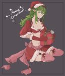  1girl box breasts cleavage closed_mouth fire_emblem fire_emblem_awakening fur_trim gift gift_box green_hair grey_background hat highres holding long_hair merry_christmas mittens navel pointy_ears pom_pom_(clothes) ponytail red_headwear red_mittens sakuuremi santa_costume santa_hat simple_background sitting smile solo tiara tiki_(fire_emblem) 