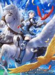  1girl bird blue_hair blue_sky braid breastplate brown_eyes brown_gloves cloud company_name copyright_name crown_braid day dress feathers fire_emblem fire_emblem:_three_houses fire_emblem_cipher gloves holding looking_to_the_side marianne_von_edmund official_art outdoors parted_lips pegasus pegasus_knight polearm riding sky solo uroko_(mnr) weapon 