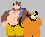  2019 anthro backpack balls banjo-kazooie banjo_(banjo-kazooie) barazoku blue_eyes brown_body canid canine clothed clothing collar collar_only digital_media_(artwork) duck_hunt duck_hunt_dog duo male mammal mc_morrales muscular muscular_male nintendo nipples nude orange_body penis rareware smile super_smash_bros. topless video_games 