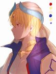  1boy absurdres arabian_clothes bangs bare_shoulders blonde_hair blue_vest color_guide commentary earrings eyebrows_visible_through_hair fate/grand_order fate_(series) gilgamesh gilgamesh_(caster)_(fate) hair_between_eyes highres jewelry looking_away male_focus open_clothes open_vest parted_lips profile red_eyes signature sofra solo turban upper_body vest white_background white_headwear 