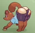  2019 animal_crossing anthro ass_up backsack balls barefoot bent_over big_balls big_butt brown_body brown_fur bulge butt canid canine clothed clothing coin fluffyfrumples fur huge_balls male mammal nintendo partially_clothed perineum raccoon_dog raised_tail rubber shirt slightly_chubby solo spandex standing surprise tanuki thick_thighs tight_clothing tom_nook_(animal_crossing) topwear torn_clothing video_games 