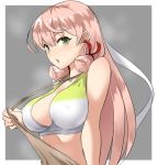  1girl akashi_(kantai_collection) apron apron_pull blush breasts brown_apron from_side green_eyes grey_background hair_ribbon kantai_collection large_breasts long_hair looking_at_viewer minarai_zouhyou pink_hair pulled_by_self ribbon simple_background solo tress_ribbon upper_body 