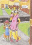  absurd_res anthro blue_eyes bodily_fluids brown_hair building canid canine child clothing collar crying dia dress female fox fur hair hi_res house hybrid kyler_lemons mammal plant spots street tears thankfullorris yellow_body yellow_fur young 