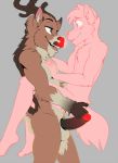  2019 5_fingers anthro antlers balls brown_body brown_fur capreoline cervid digital_media_(artwork) fingers fur hair horn male male/male mammal nude open_mouth penis pink_body pink_fur pink_hair reindeer rudolph_the_red_nosed_reindeer teeth tongue zawmg 