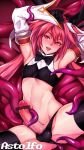  1boy aino_chuan_daoshi armpits arms_up astolfo_(fate) bar_censor black_gloves black_legwear black_panties blush censored character_name covered_nipples crop_top detached_sleeves erection fate/grand_order fate_(series) gloves hair_between_eyes highres lips long_hair male_focus navel open_mouth otoko_no_ko panties penis_in_panties pink_hair precum purple_eyes solo spread_legs tentacle_job tentacles tentacles_with_male thighhighs underwear 